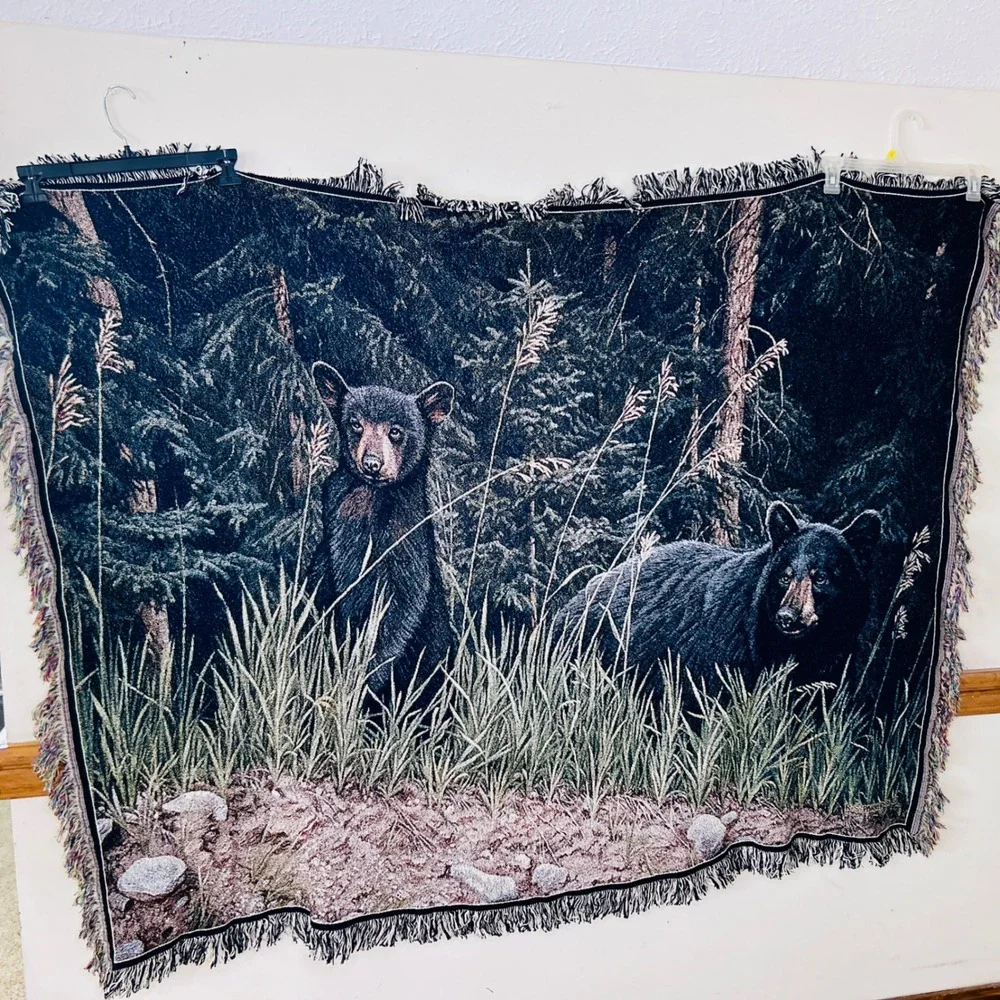 80s R.S. Parker Black Bear Tapestry Blanket 62x49 forest cabin art decor vintage